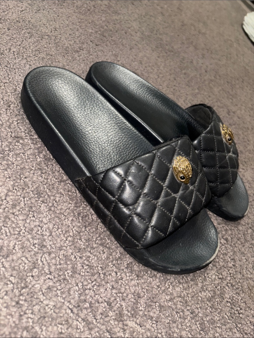 Kurt Geiger Meena Black Quilted Slide Sandals with Gold Eagle Emblem - Picture 4 of 6